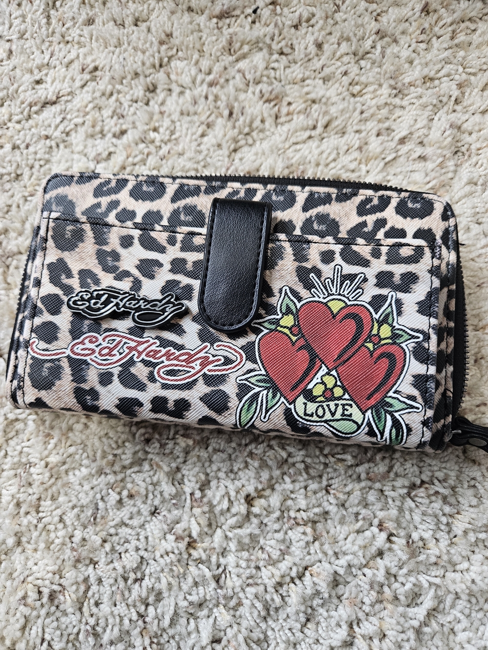 Ed Hardy Leopard Print Wallet with Red Heart Graphic